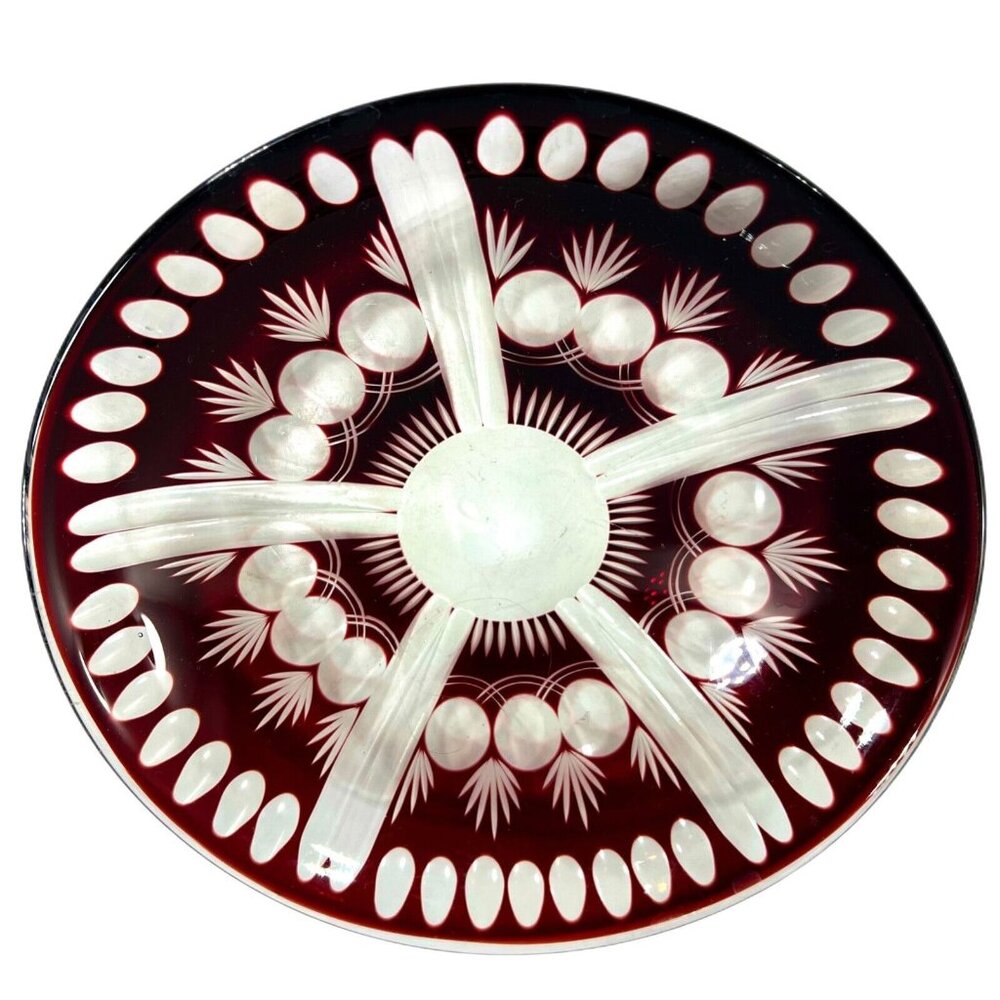 Vtg Czech Bohemian Ruby Red Bowl Hand Cut to Clear Coin Dot Intricate Etched 9"